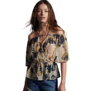 Anthropologie Let Me Be Off The Shoulder Sheer Blouse Tan Yellow Beaded XS New